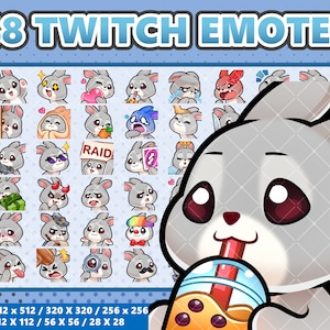 Lot de 48 emotes Mega Lapin gris kawaii - Twitch | Discorde | YouTube | Streamer | Mignon | Numérique