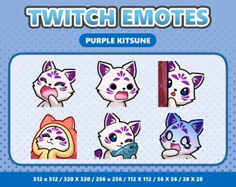 Paarse Kitsune kawaii emotes pack 2, twitch-emotes, schattige vos Discord-emojiset, streamer-itembundel, digitale download
