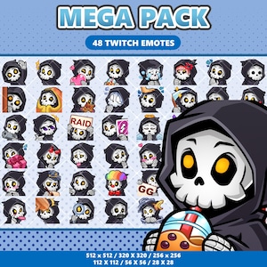 Könnte beinhalten: Ein digitales Mega-Paket mit 48 Twitch-Emotes, die ein Cartoon-Skelett in einer schwarzen Kapuzenumhang zeigen. Die Sammlung zeigt verschiedene Ausdrücke und Aktionen, darunter das Halten von Boba-Tee, einem Raid-Schild und einem GG-Schild, in Größen von 512x512 bis 28x28.