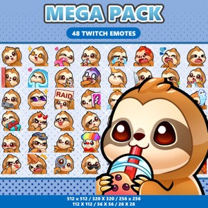 May include: A digital collection titled MEGA PACK 48 TWITCH EMOTES featuring a grid of 48 cartoon sloth illustrations with various expressions and accessories, plus a large sloth drinking boba tea. Text includes RAID, and dimensions 512x512 to 28x28.