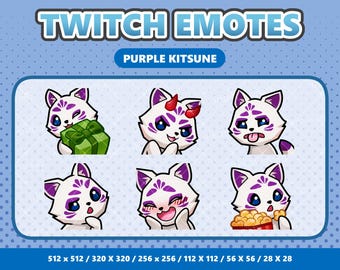 Paarse Kitsune kawaii emotes pack 5, twitch-emotes, schattige vos Discord-emojiset, streamer-itembundel, digitale download