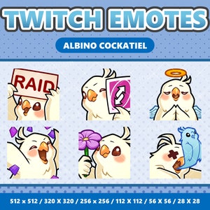 Albino Cockatiel Bird Kawaii Emotes Pack 4 - Twitch / Discord / YouTube / Streamer / Lindo / Digital