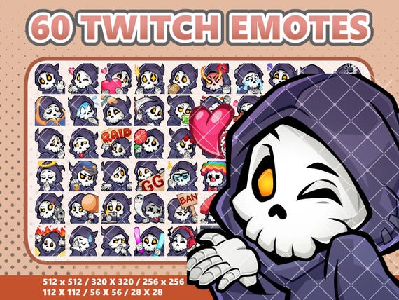60 Grim Reaper Emote Bundle, Static Twitch Emotes, Gothic Discord Emoji Pack, Dark VTuber Stream Assets, Halloween Emote, Instant Download