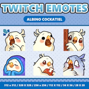 Pack de 2 emoticones kawaii de cacatúa albina: Twitch, Discord, YouTube, Streamer, Lindo, Digital