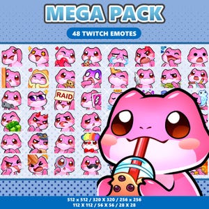 Puede incluir: Una colección digital titulada MEGA PACK 48 TWITCH EMOTES que presenta cuarenta y ocho ilustraciones individuales de un personaje de rana rosa en varias expresiones, con una versión grande de la rana bebiendo té boba al frente.