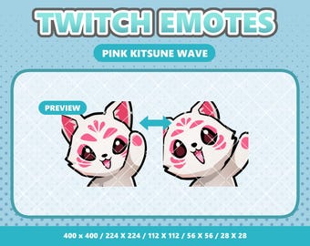 May include: Digital graphic set titled TWITCH EMOTES PINK KITSUNE WAVE featuring two white fox characters with pink markings, large dark eyes, and open mouths, waving one paw. Includes text labels PREVIEW and size dimensions.