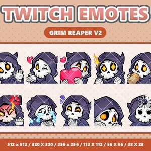 May include: A collection of Grim Reaper V2 Twitch emotes. Each emote features a cartoon skull wearing a dark purple hooded cloak, expressing various emotions. The text "TWITCH EMOTES" and "GRIM REAPER V2" are displayed at the top.
