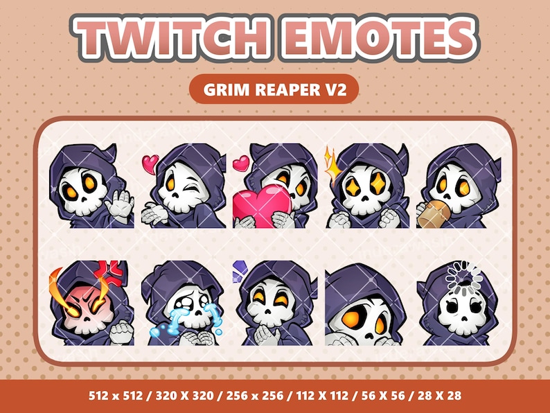 May include: A collection of Grim Reaper V2 Twitch emotes. Each emote features a cartoon skull wearing a dark purple hooded cloak, expressing various emotions. The text "TWITCH EMOTES" and "GRIM REAPER V2" are displayed at the top.