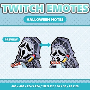 Op de afbeelding: Digitale Halloween-thema Twitch emotes met een Ghostface-personage dat met een potlood schrijft en een stapel snoep vasthoudt. De afbeelding bevat de tekst "TWITCH EMOTES" en "HALLOWEEN NOTES."