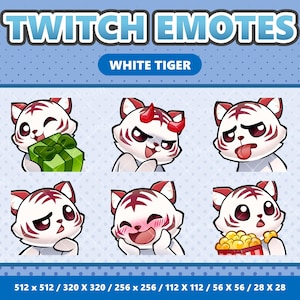 Op de afbeelding: Een set van negen Twitch-emotes met een witte tijger met verschillende uitdrukkingen. De emotes zijn in verschillende formaten, waaronder 512x512, 320x320, 256x256, 112x112, 56x56 en 28x28.