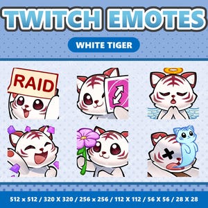 Op de afbeelding: Een verzameling Twitch-emotes met een witte tijger met rode en bruine strepen. De emotes tonen verschillende uitdrukkingen en acties, waaronder het vasthouden van een "RAID"-bord, het spelen van een kaart en het dragen van een halo. De tekst "TWITCH EMOTES" en "WHITE TIGER" staan bovenaan.