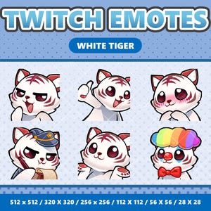 Op de afbeelding: Set van negen Twitch-emotes met een witte tijger met verschillende uitdrukkingen en accessoires. De emotes zijn beschikbaar in verschillende formaten, waaronder 512x512, 320x320, 256x256, 112x112, 56x56 en 28x28.
