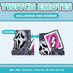 Könnte beinhalten: Digitaler Twitch-Emote mit Halloween-Thema. Das Design zeigt eine Figur mit Scream-Maske, die eine umgekehrte Uno-Karte hält. Der Text "TWITCH EMOTES" und "HALLOWEEN UNO REVERSE" sind oben abgebildet.