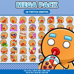 May include: A digital collection of 48 Twitch emotes featuring a gingerbread character with various expressions and accessories. The set includes icons with text like RAID, and a large featured emote of the character drinking bubble tea.