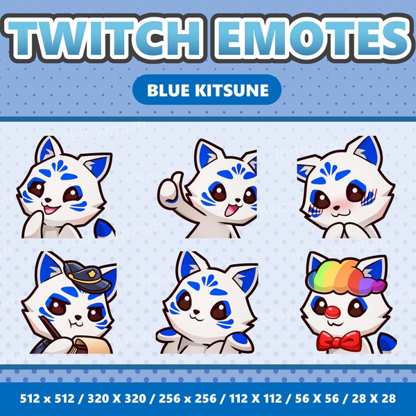 Blue Kitsune Kawaii Emotes Pack 6 - Twitch | Discord | YouTube | Streamer | Cute | Digital