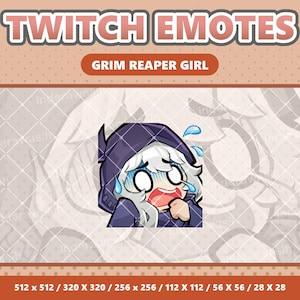 May include: A cartoon illustration of a girl with white hair and a purple hooded cloak. She has a surprised expression with her mouth open and her eyes wide. She is crying blue tears. The text "GRIM REAPER GIRL" is above the image. The text "TWITCH EMOTES" is at the top of the image.