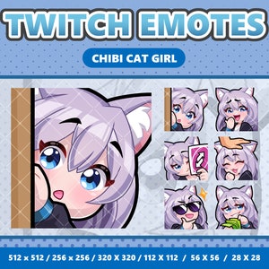 6x Kawaii Chibi Cat Girl Emote Pack 2 - Twitch | Discord | YouTube | Streamer | Sticker | Violet Hair Blue Eyes