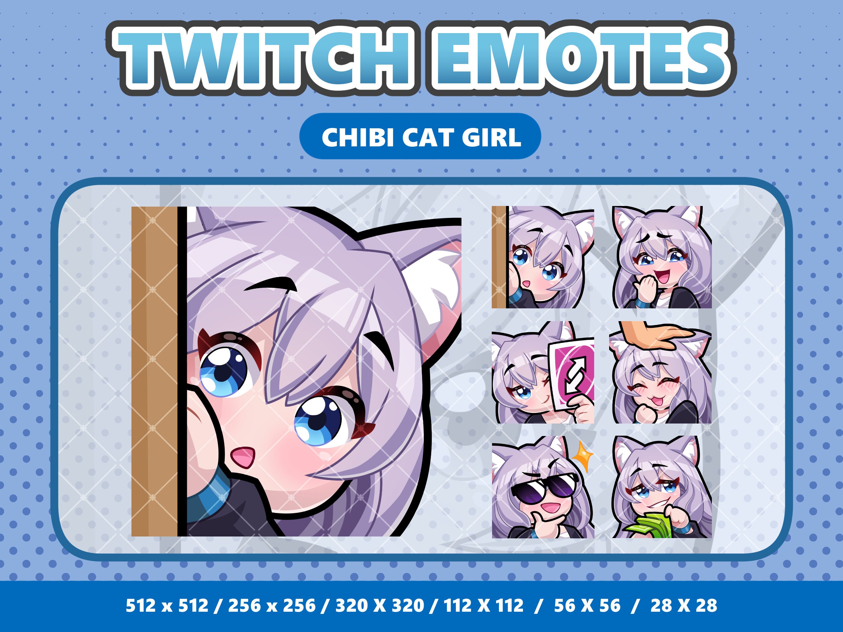 6x Kawaii Chibi Cat Girl Emote Pack 2 - Twitch | Discord | YouTube | Streamer | Sticker | Violet Hair Blue Eyes