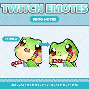 Puede incluir: Gráfico digital con dos ilustraciones de ranas verdes sosteniendo lápices y cuadernos. El texto "TWITCH EMOTES" y "FROG NOTES" se muestra. También está presente la palabra "PREVIEW". Fondo azul claro con puntos blancos.