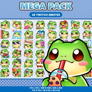 48 Little Frog Emote-paket, statiska Twitch-emojis, kawaii Discord-emoji-paket, söta VTuber-streamingresurser, omedelbar nedladdning