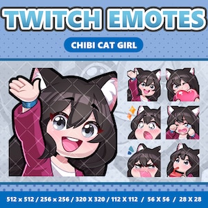 6x Kawaii Chibi Cat Girl Emote - Twitch / Discord / YouTube / Streamer / Pegatina / Cabello negro Ojos plateados