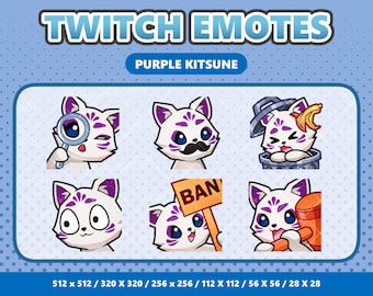 Paarse Kitsune kawaii emotes pack 8, twitch-emotes, schattige vos Discord-emojiset, streamer-itembundel, digitale download