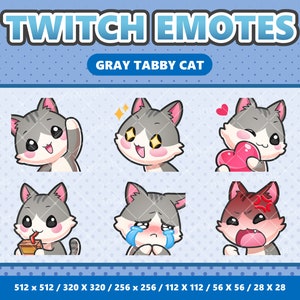 Op de afbeelding: Set van zes Twitch-emotes met een grijze tabby-kat met verschillende uitdrukkingen. De emotes zijn in verschillende formaten, waaronder 512x512, 320x320, 256x256, 112x112, 56x56 en 28x28.