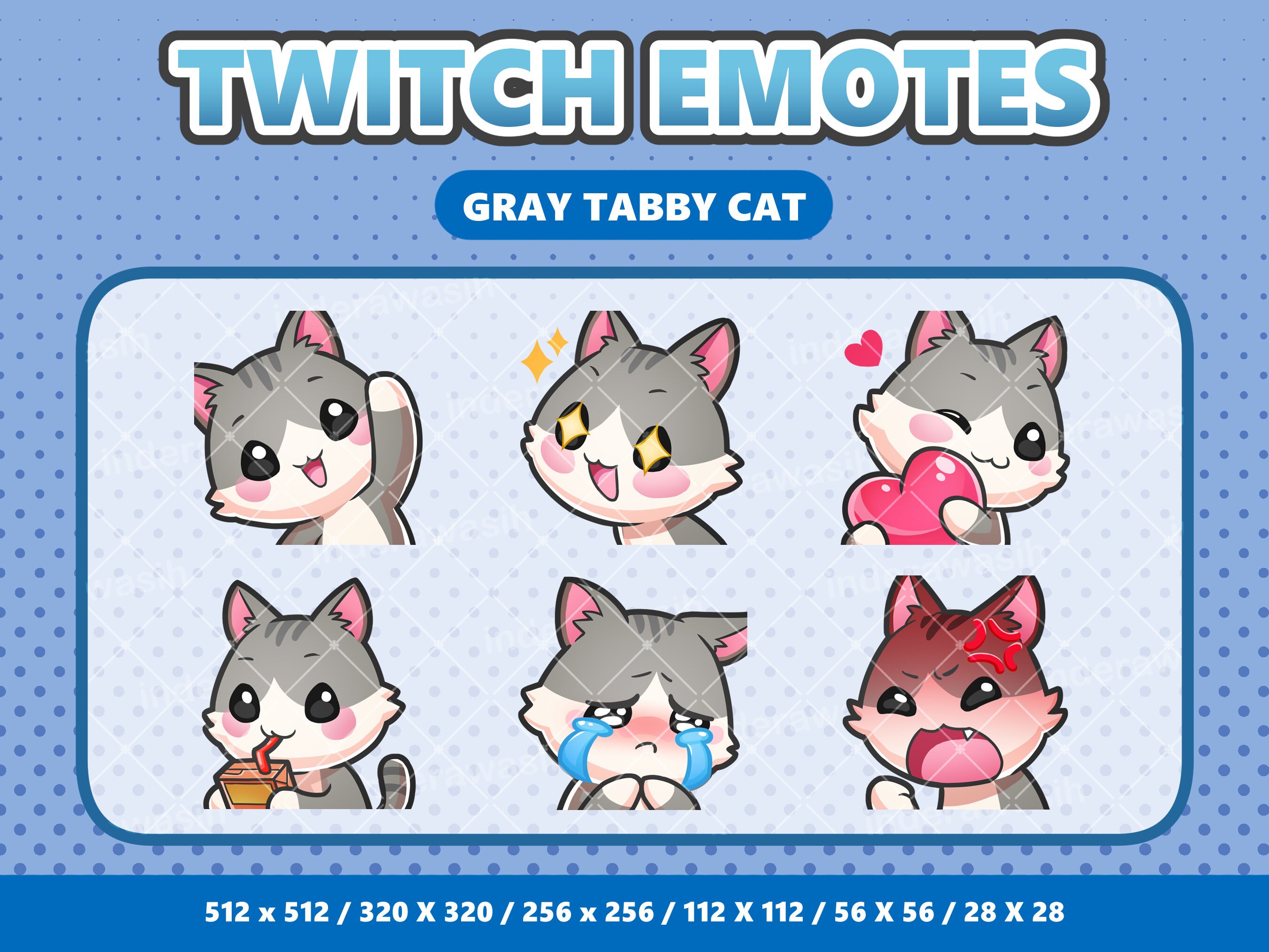 Gray Tabby Cat Kawaii Emotes Pack 1 - Twitch | Discord | YouTube | Streamer | Cute | Digital