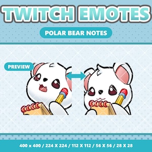 May include: A digital graphic featuring two white polar bear emotes with pink ears, holding a pencil and notepad. The text "TWITCH EMOTES" and "POLAR BEAR NOTES" are at the top. The image includes size dimensions in pixels.