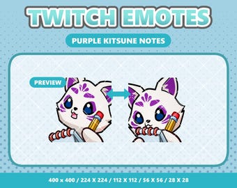 Geanimeerde paarse Kitsune Notes-emote, kawaii Twitch-emote, schattige onenigheidsemoji, Fox Streamer-troef, Instant Download