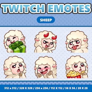May include: A set of six sheep-themed Twitch emotes with various expressions. The emotes include a sheep holding a gift, wearing devil horns, sticking out its tongue, looking sad, blushing, and eating popcorn. The text "TWITCH EMOTES" and "SHEEP" are at the top.