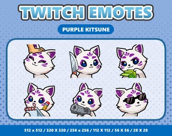 Paarse Kitsune kawaii emotes pack 3, twitch-emotes, schattige vos Discord-emojiset, streamer-itembundel, digitale download