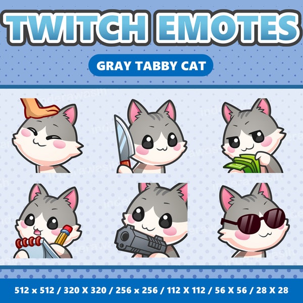 Gray Tabby Cat Kawaii Emotes Pack 3 - Twitch | Discord | YouTube | Streamer | Cute | Digital