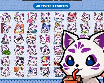Bundel met 48 paarse Kitsune-emotes, statische vossen-emotes voor Twitch, schattig Discord-emoji-pakket, VTuber-streamingmateriaal, direct te downloaden