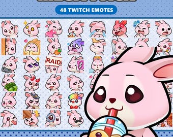 Pakiet 48 emotikonek z różowym króliczkiem, statyczne emotikony Twitch, pakiet kawaii emoji na Discordzie, urocze materiały do transmisji VTuber, natychmiastowe pobieranie