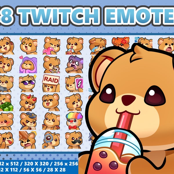 Mega 48 Emote Bundle Braunbär Kawaii - Twitch | Discord | YouTube | Luftschlangen | Niedlich | Digital