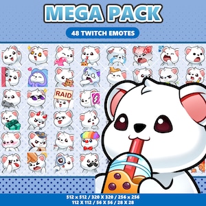 Peut inclure: Une collection numérique intitulée MEGA PACK 48 TWITCH EMOTES présentant une grille de 48 illustrations d'ours blancs avec diverses expressions et accessoires, ainsi qu'une grande version de l'ours buvant du thé aux perles en bas à droite.