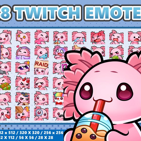 Mega 48 Emote Bundle Little Axolotl Kawaii - Twitch | Discord | YouTube | Streamer | Cute | Digital