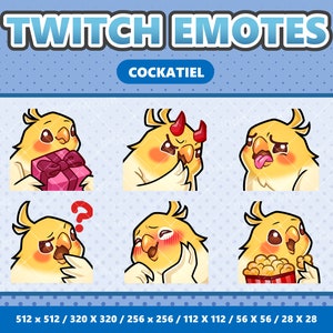 Pack de 5 emoticones kawaii de cacatúas: Twitch, Discord, YouTube, Streamers, Lindos, Digitales