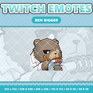 May include: A brown bear wearing a white lab coat is holding a notepad and pencil. The bear has a serious expression on its face. The image is a Twitch emote called "Ben Bigger".