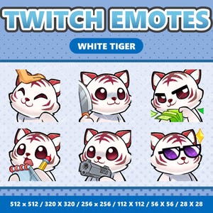 Biały Tygrys Kawaii Emotes Pack 3 - Twitch | Discord | YouTube | Streamer | Uroczy | Cyfrowy