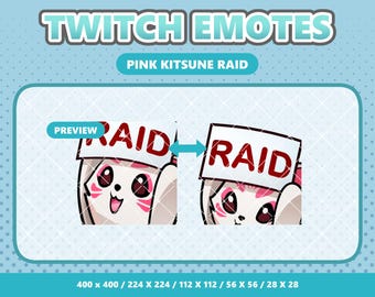 May include: Digital graphic featuring a pink kitsune character holding a white sign with the red text RAID. The image includes the text TWITCH EMOTES and PINK KITSUNE RAID at the top, with dimensions 400 x 400, 224 x 224, 112 x 112, 56 x 56, and 28 x 28 listed below.