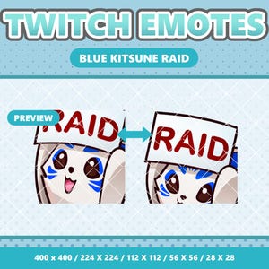 Puede incluir: Gráfico digital de un zorro blanco de dibujos animados con detalles azules, sosteniendo un cartel con la palabra "RAID". El texto "TWITCH EMOTES" y "BLUE KITSUNE RAID" se muestran en la parte superior.