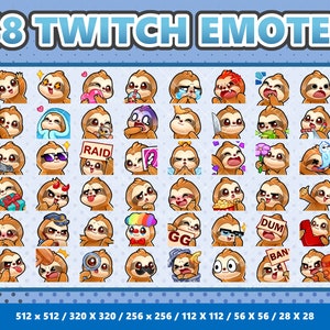 May include: A set of 48 colourful Twitch emotes featuring a cartoon sloth in various poses and expressions. The emotes are designed in a variety of sizes, including 512x512, 320x320, 256x256, 112x112, 56x56, and 28x28 pixels.