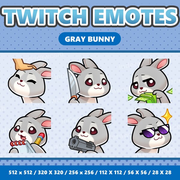 Gray Bunny Kawaii Emotes Pack 3 - Twitch | Discord | YouTube | Streamer | Cute | Digital