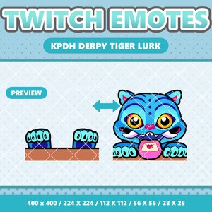 Op de afbeelding: Een digitale afbeelding voor Twitch emotes, met een blauwe cartoon tijger met grote gele ogen en een roze hart. De tekst "TWITCH EMOTES" en "KPDH DERPY TIGER LURK" worden weergegeven. De afmetingen van de afbeelding staan hieronder.