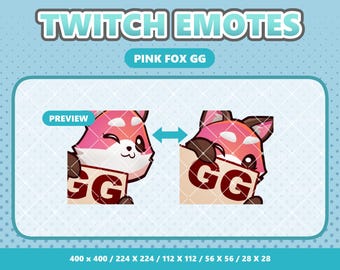May include: Digital graphic set titled TWITCH EMOTES PINK FOX GG featuring two illustrations of a pink fox character holding a sign with the letters GG. The fox has white accents, dark ears, and a winking expression. Includes sizes 400x400 to 28x28.