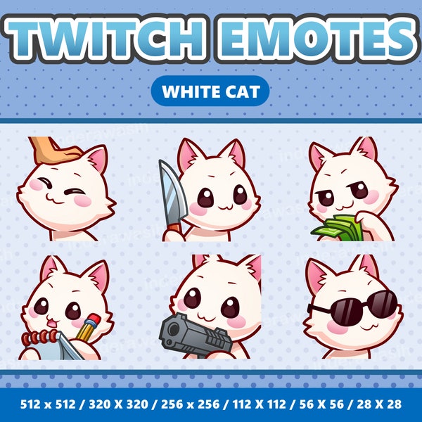 White Cat Kawaii Emotes Pack 3 - Twitch | Discord | YouTube | Streamer | Cute | Digital