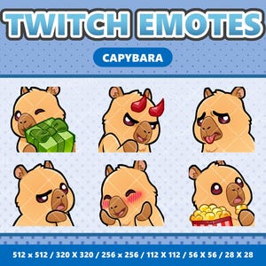 May include: A set of six Twitch emotes featuring a cartoon capybara with various expressions. The emotes include a capybara holding a gift, wearing devil horns, and displaying emotions like sadness and blushing. The image includes the text "TWITCH EMOTES" and "CAPYBARA".