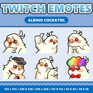 Paquete de 6 emoticones kawaii de cacatúa albina: Twitch, Discord, YouTube, Streamer, Lindo, Digital